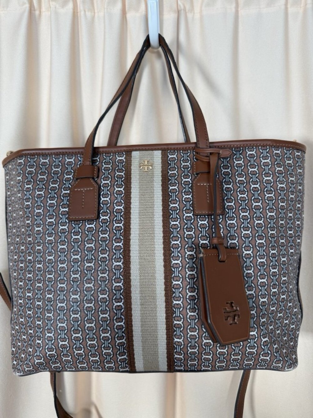 Tory Burch Gemini Link Canvas Small Tote French Gray Tan Leather Crossbody Bag
